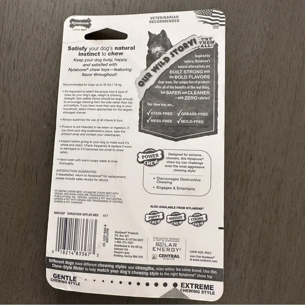 NYLABONE Antler Alternative Power Chew Dog Toy Antler Venison Medium NEW